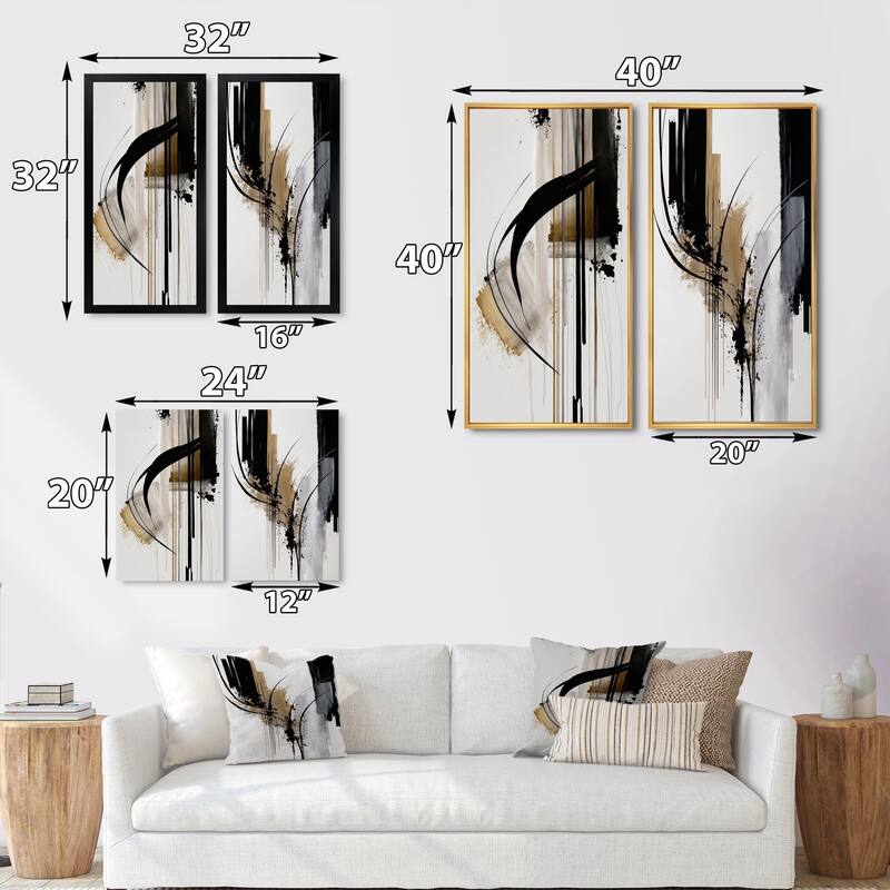 Designart "Black, White And Gold Expression I" Abstract Wall Art Set Of 2 Black Modern Gallery Set For Office Decor