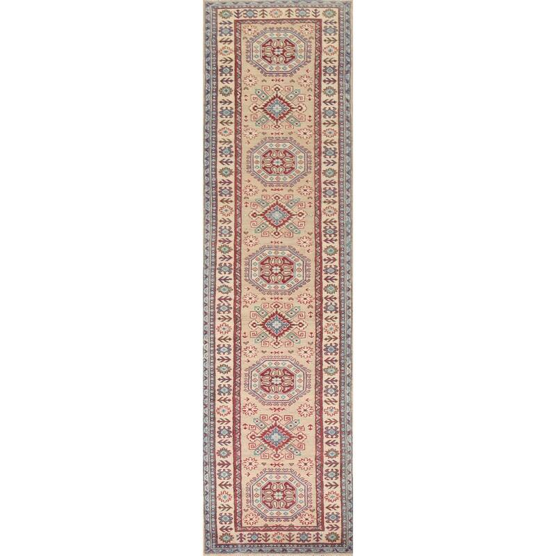 Hand Knotted Oriental 100% Wool Carpet Traditional Geometric Beige & Ivories Kazak Runner Rug - 12' 8'' X 2' 10''