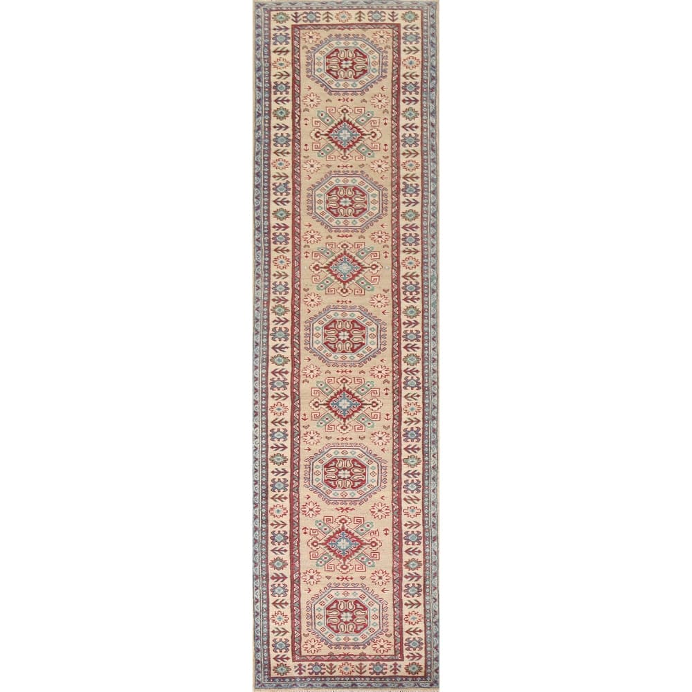 Hand Knotted Oriental 100% Wool Carpet Traditional Geometric Beige & Ivories Kazak Runner Rug - 12' 8'' X 2' 10''