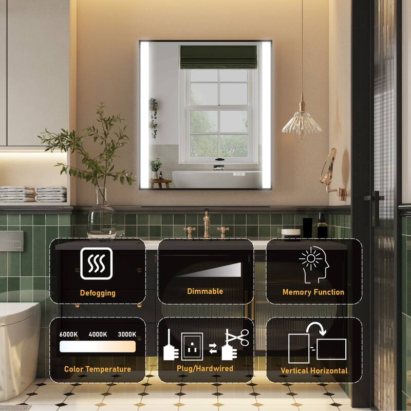 36"H Wall Mounted Bathroom Rectangle Framed LED Mirror With Memory Function
