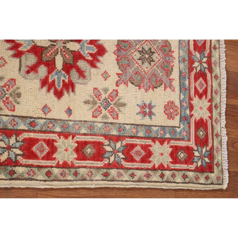 Geometric Kazak Oriental Runner Rug Handmade Beige Wool Carpet - 2'0" x 5'9"