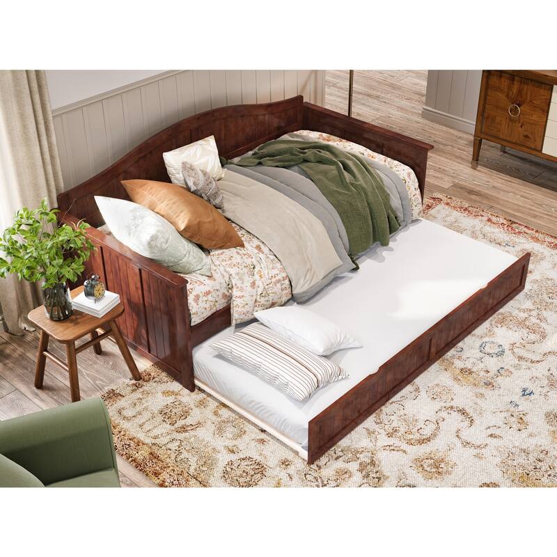 Twin Daybed with Trundle - Walnut Wood Frame & Beadboard Design - Space Saving Sleeper
