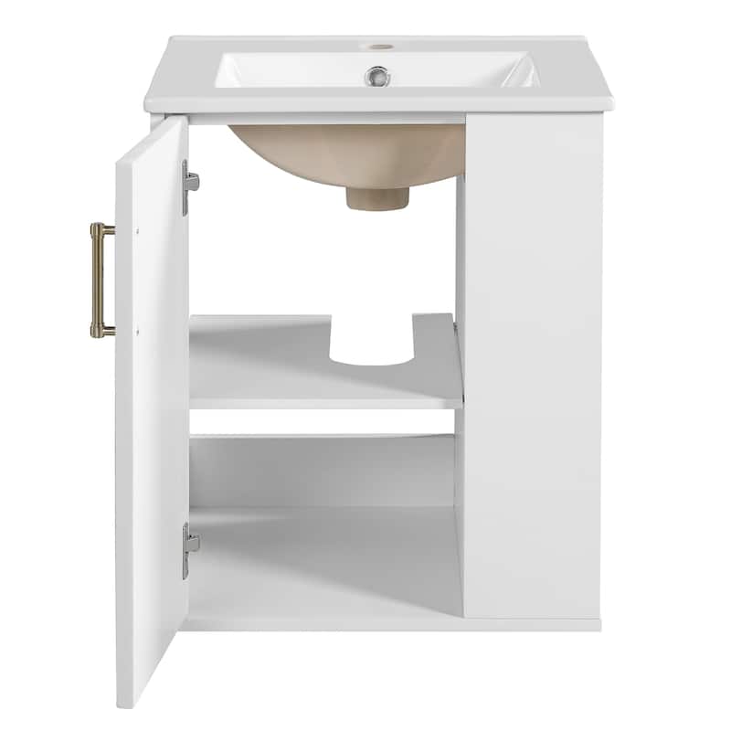 Wall Mounted Bathroom Vanity with Ceramic Sink, 20" Small Floating Bathroom Cabinet with Side Cabinet, White - 20 Inch