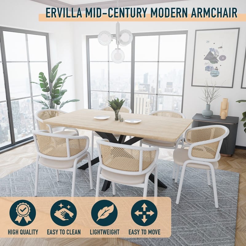 Ervilla Velvet Dining Side Chair with Rattan Back, White Steel Legs & Ergonomic Design for Kitchen, Dining Room or Living Space