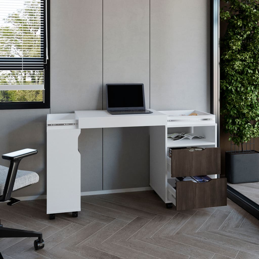 Extendable Desk, 2 Drawers, 4 Shelves, 4 Wheels,Easy Assembly,FSC Certified CPSIA Compliant