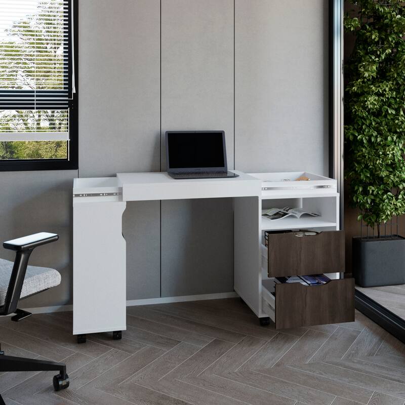 GDFStudio - Ava Extendable Desk with 2 Drawers, 4 Shelves, and Mobile Wheels