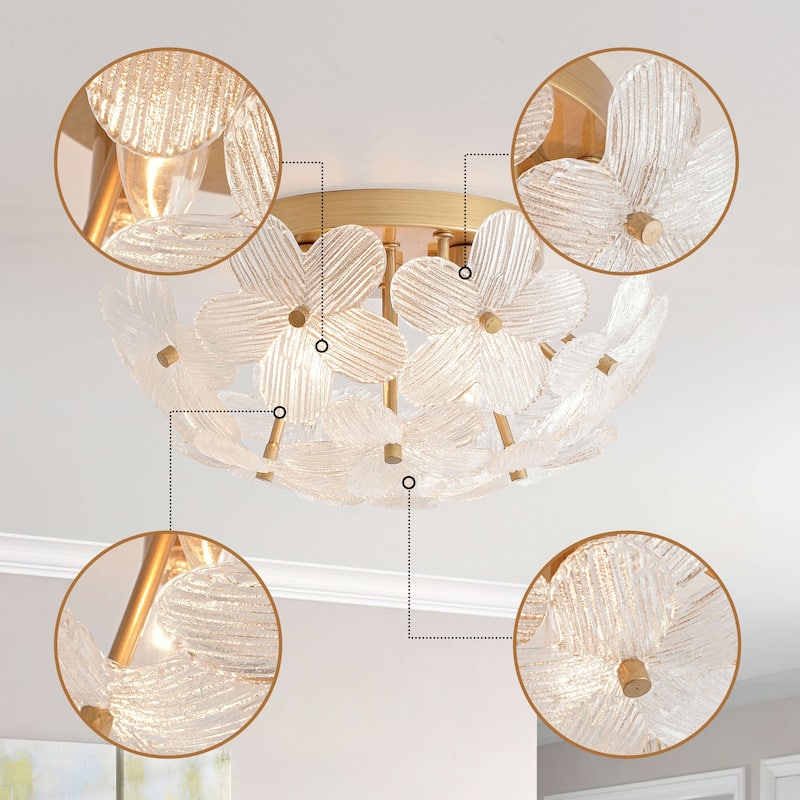 Frieda Modern 3-Light 16" Brushed Brass Clear Glass Flower Flush Mount - 16 inches in diameter x 7.5 inches H