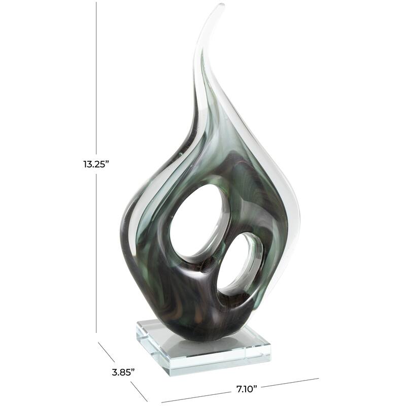 Green Glass Curved Cutout Abstract Decorative Sculpture with Swirl Patterns