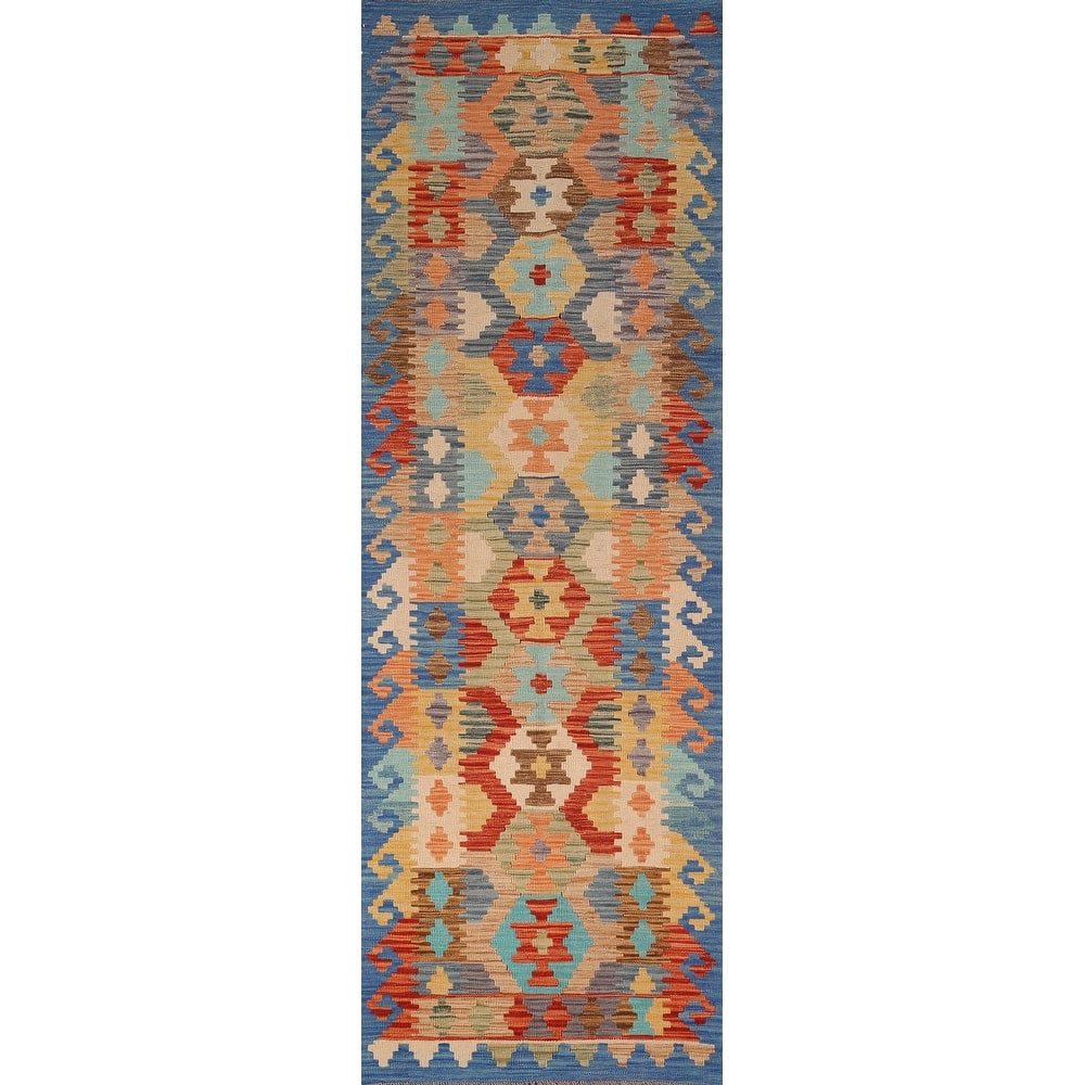 Geometric Kilim Reversible Runner Rug Flatweave Wool Carpet - 2'8"x 9'6"