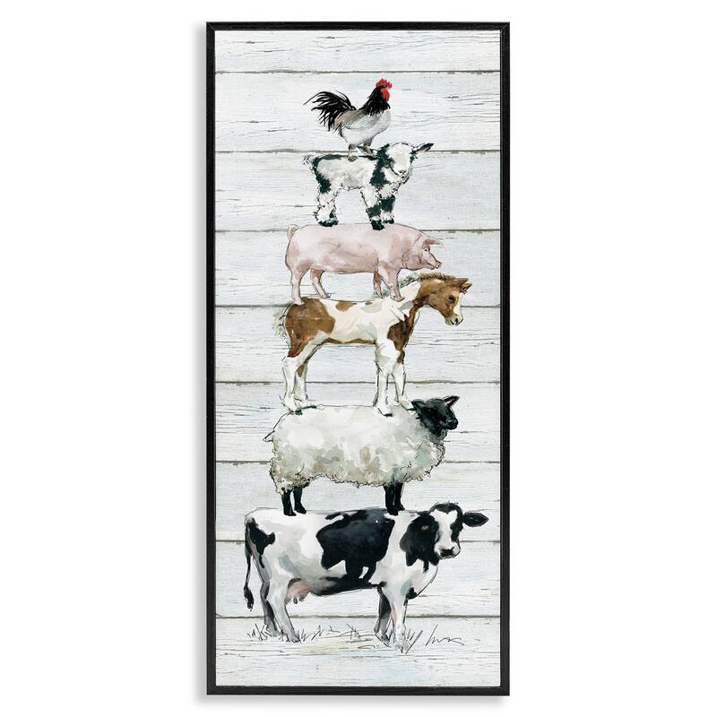 Stupell Country Farm Animal Stack Cow Sheep Pig Rooster Framed Wall Art - Multi-Color - 13 x 30 - Black