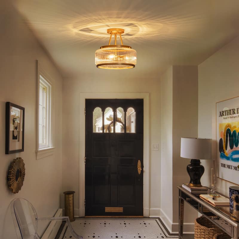 3-Light Industrial-style Black/Gold Lantern Glass Semi Flush Mount