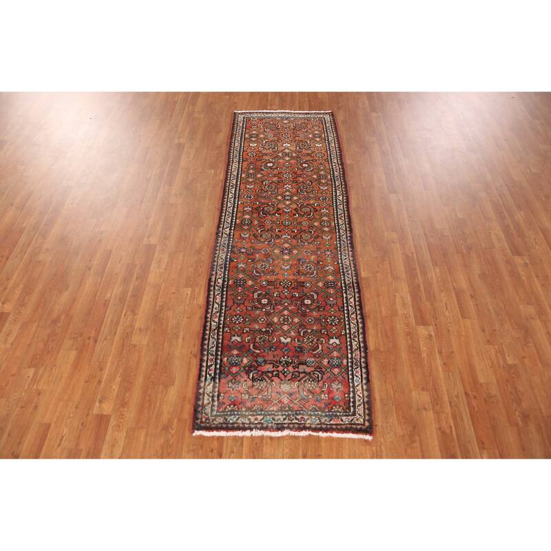 Hand Knotted Oriental 100% Wool Carpet Traditional All-Over Oranges & Rust Hamedan Runner Rug - 8' 2'' X 2' 8''