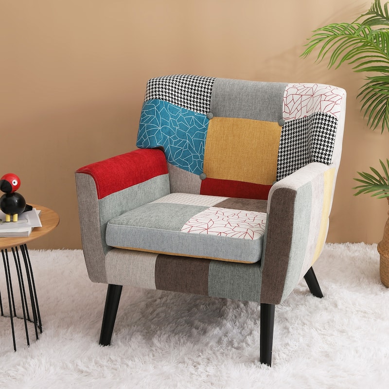 Patchwork Accent Chair, Mid Century Modern Fabric Club Chair for Bedroom Comfy, Colourful Single Sofa Chair for Living Room