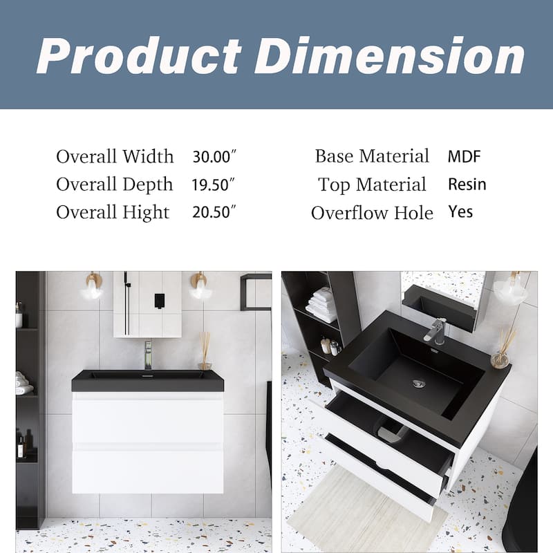 24/30/36 inch Wall-Mounted Bathroom Vanity Set in White with Integrated Black Resin Sink