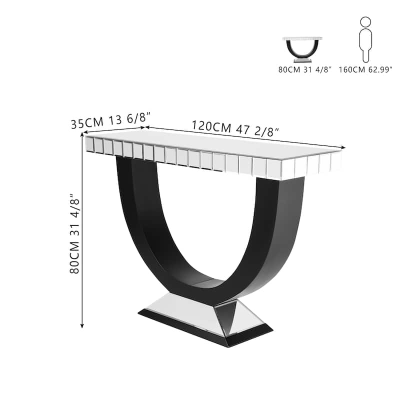 Modern Mirror Console Table with U-Shaped Black Wood Base
