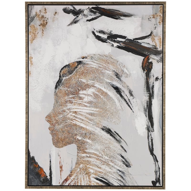Brown Canvas Women's Profile Abstract Framed Wall Art with Gold Foil Details and Black Accents