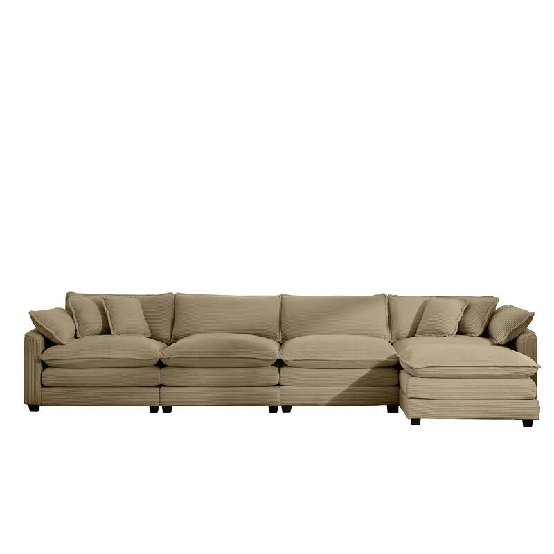 Tan 150" Corduroy Cloud Upholstered Modular L-Shaped Sectional Sofa with Removable Ottoman and Free Combination Design
