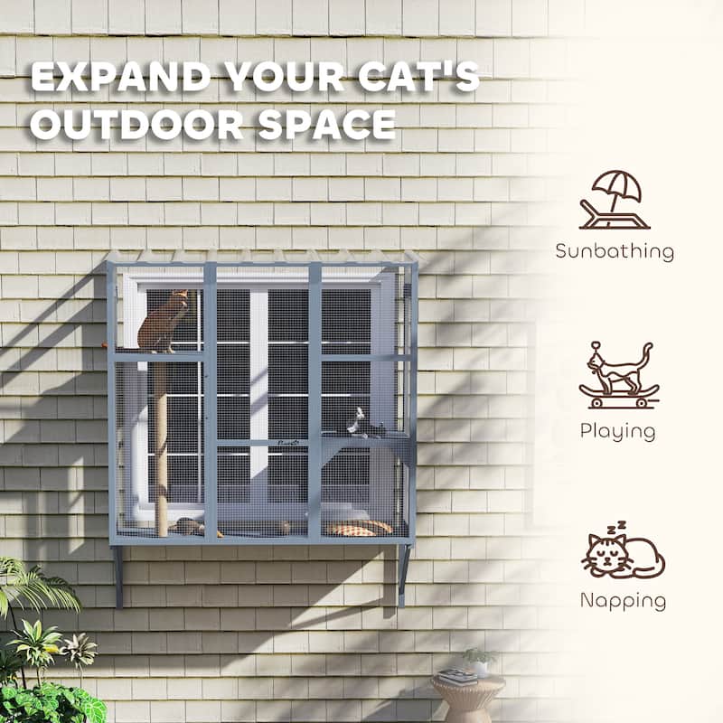PawHut Outdoor Catio, Cat Window Catio Box Enclosure for 2-3 Large Indoor Cats with 2 Jumping Platforms, Scratching Post