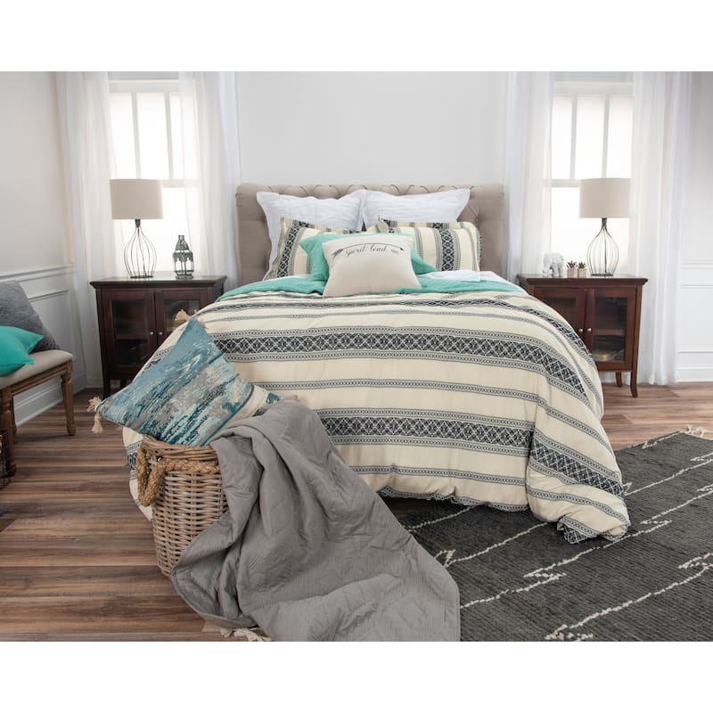 August Knight Ivory/Black Woven Cotton 3-Piece Duvet Set - Queen