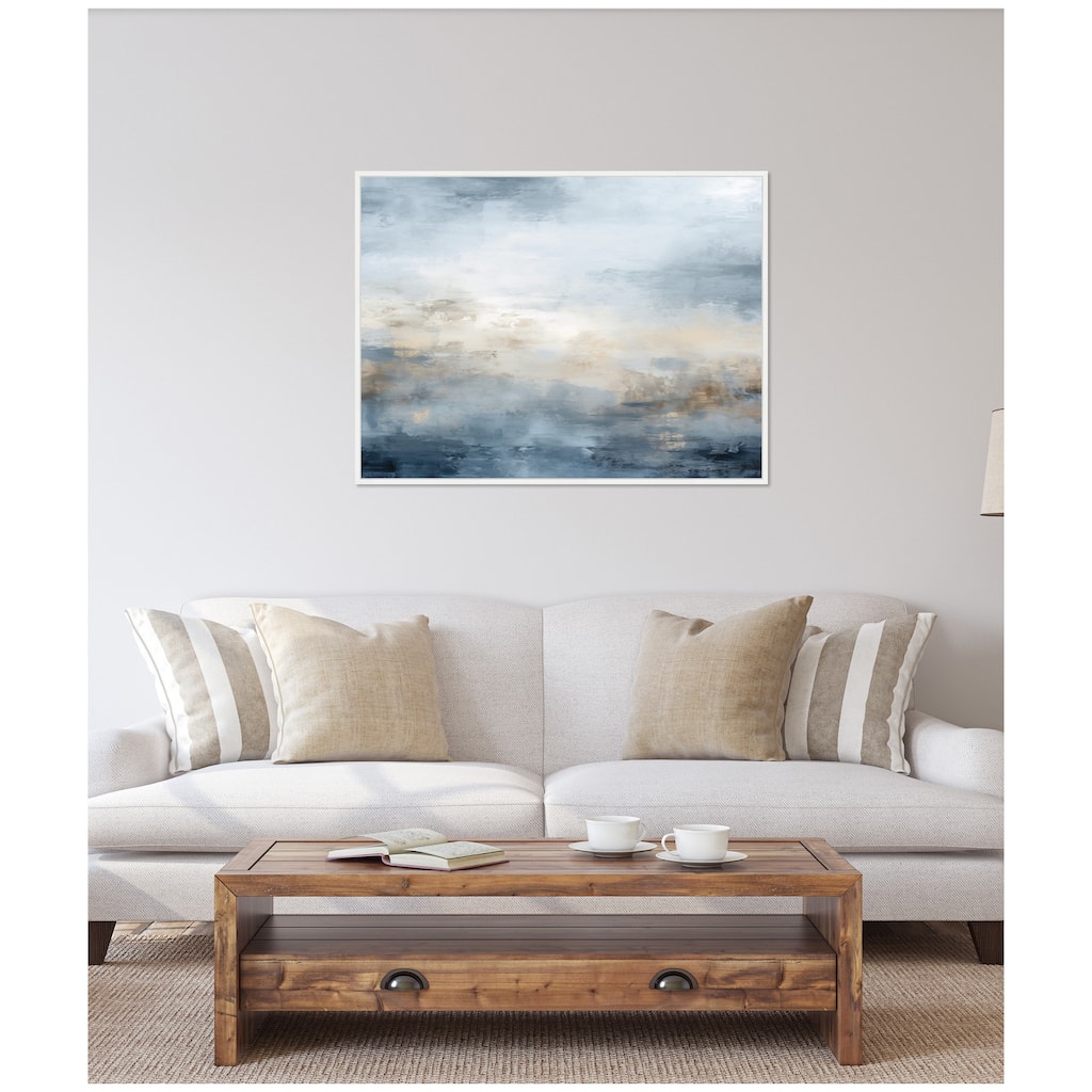 Kate and Laurel Sylvie Tonal Abstract Oceanic Nautical Serenity Blue Horizontal Framed Canvas by The Creative Bunch Studio