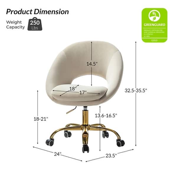 dimension image slide 3 of 18, HULALA HOME Ramona Modern Velvet Height Adjustable 360 Swivel Task Chair with Metal Base