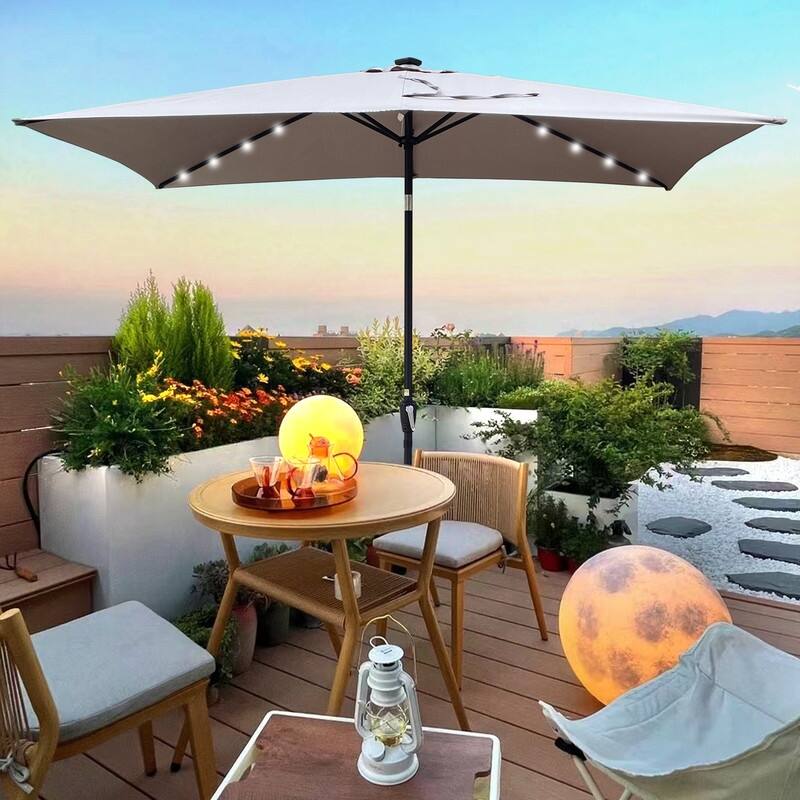 GEITIN 6.5ft Rectangular Patio Solar LED Lighted Outdoor Umbrellas with Crank - GREY