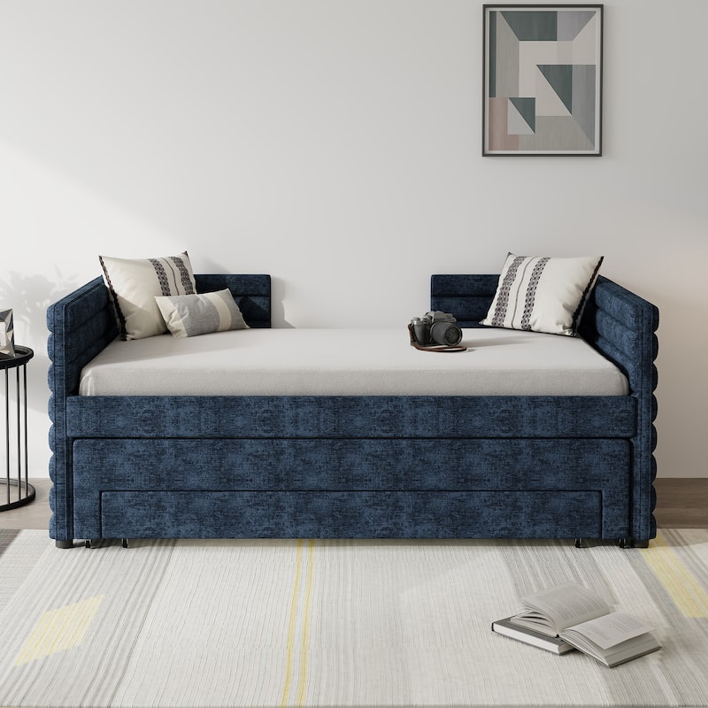 Double Upholstered Daybed with Trundle and 3 Storage Drawers - Dark Blue