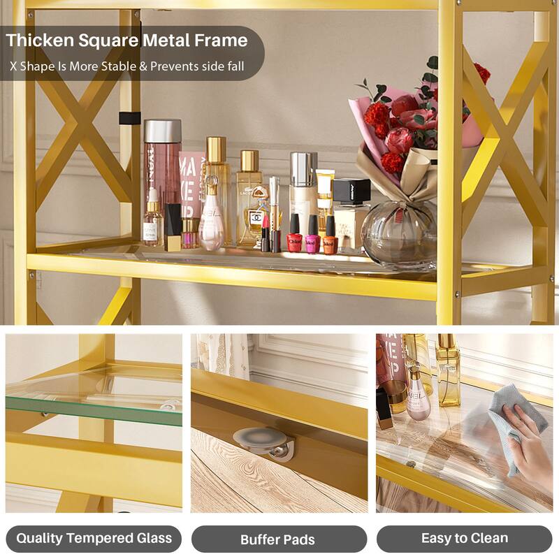 Modern Gold Bookshelf with Tempered Glass Shelves, 3-5 Tires Display Storage Shelving