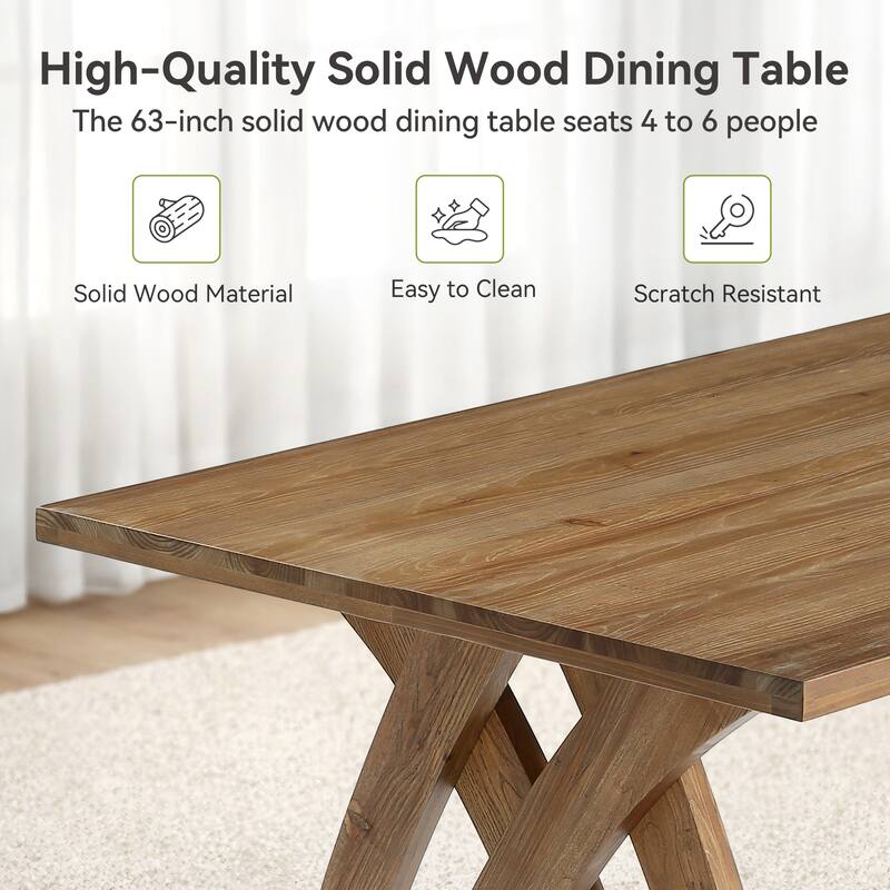 Solid Wood Dining Table for 4-6 People, 63 Inches Rectangular Kitchen Table