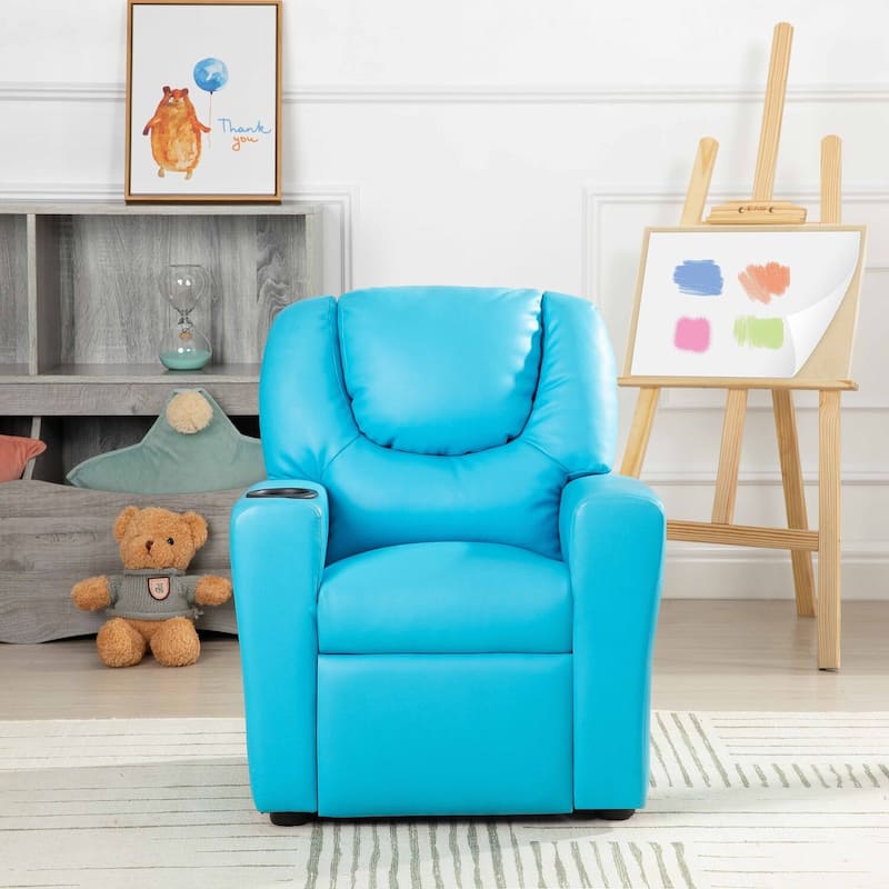 PVC Kids Recliner Chair with Push-Back Reclining Function, Cup Holder, and Comfortable Footres