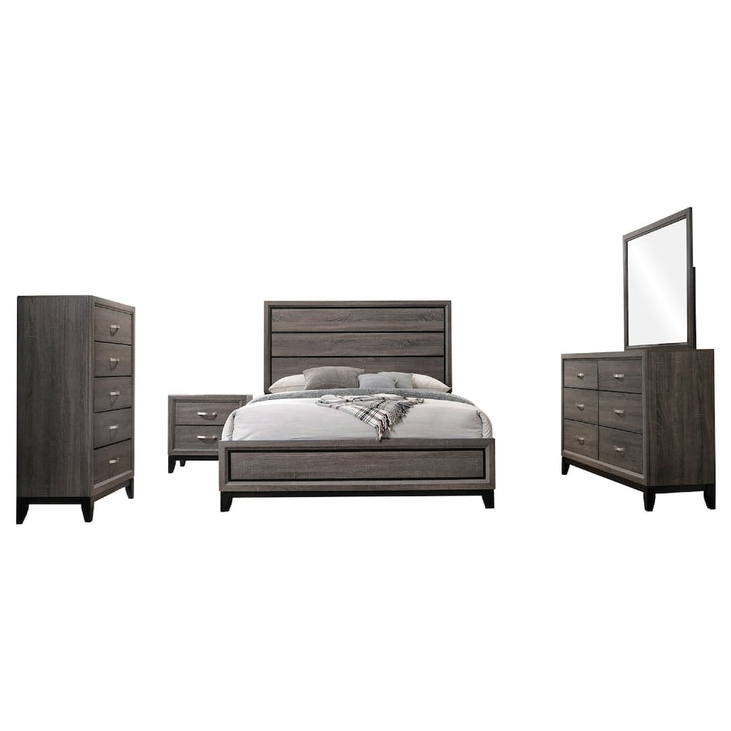 Mela 5pc King Bed Set, Nightstand Dresser Chest and Mirror, Oak Gray