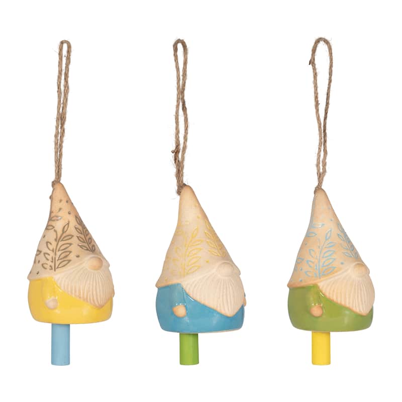 Sagebrook Home Ceramic Gnome Bells, Multi-colored Handcrafted Charms, Set of 3 - 5" x 5" x 7"
