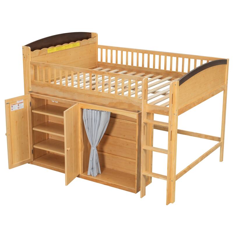 Kids Wooden Loft Bed with Double Door Wardrobe, Storage Headboard Built-in LED, Storage Cabinet and Curtain for Children's Room