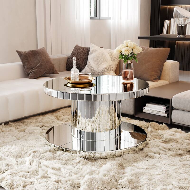 GDF Studio - Bremen Art Deco Round Mirror Coffee Table with Double-Tier Design - Silver