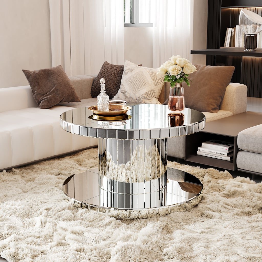 GDF Studio - Bremen Art Deco Round Mirror Coffee Table with Double-Tier Design
