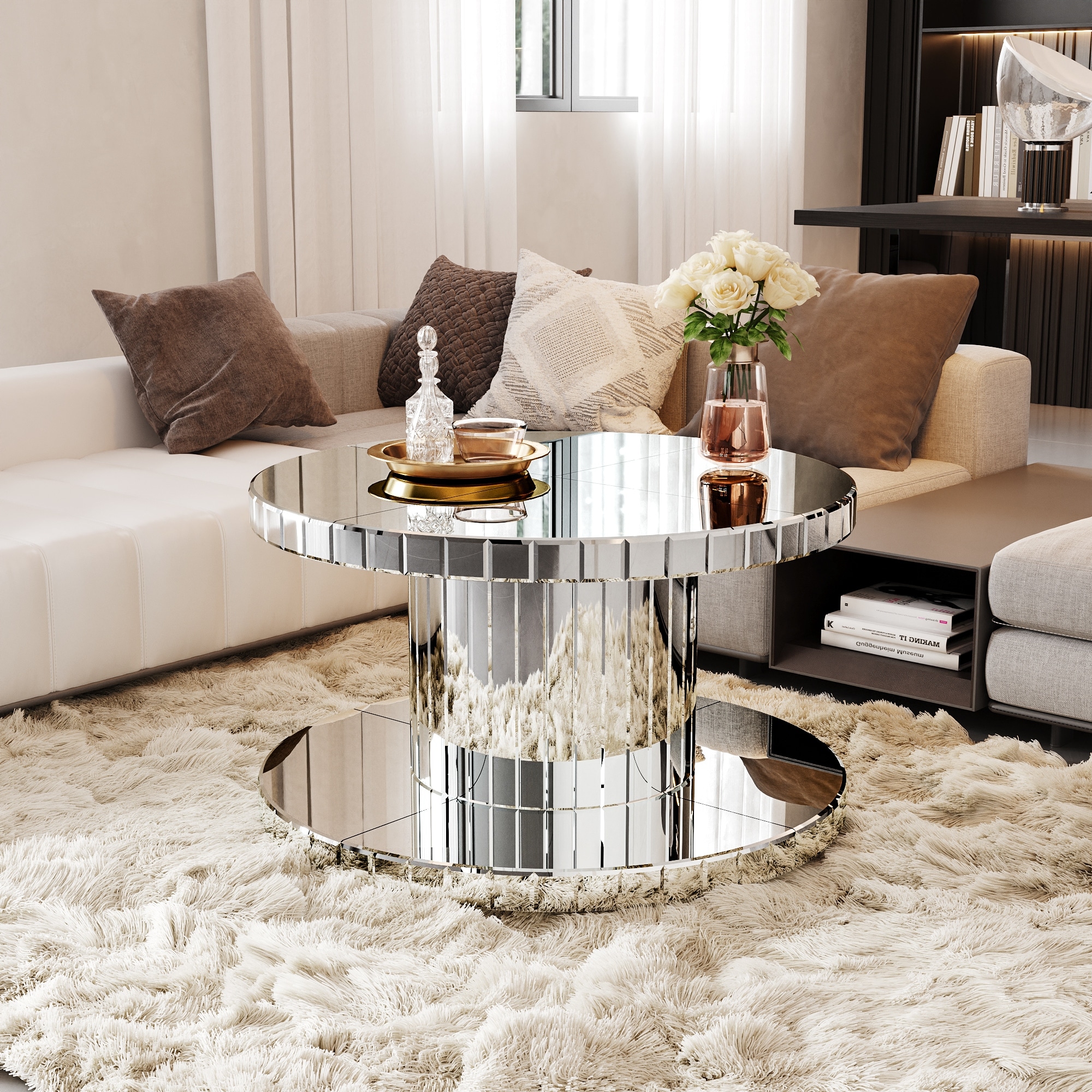 Roomfitters 31.5" Round Mirrored Coffee Table, 2 Tier Fluted Glass Center Table for Living Room, Silver