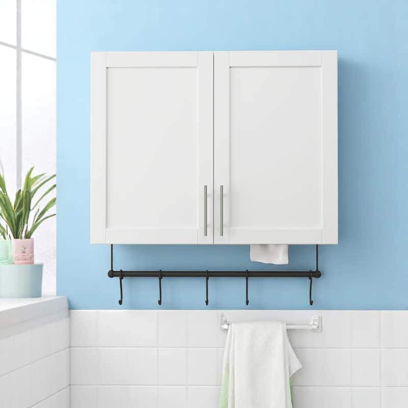 Wall Mounted Bathroom Cabinet with Towel Rack, 5 Hooks, Adjustable Shelf, Compact Storage for Small Spaces