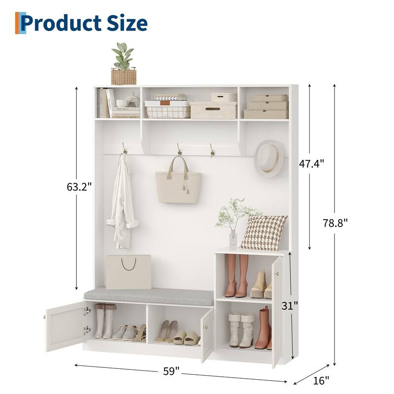 78.7 Inch Tall Hall Tree with Bench and Shoe Storage,Modern Entryway Bench with Coat Rack,4 Hanging Hooks