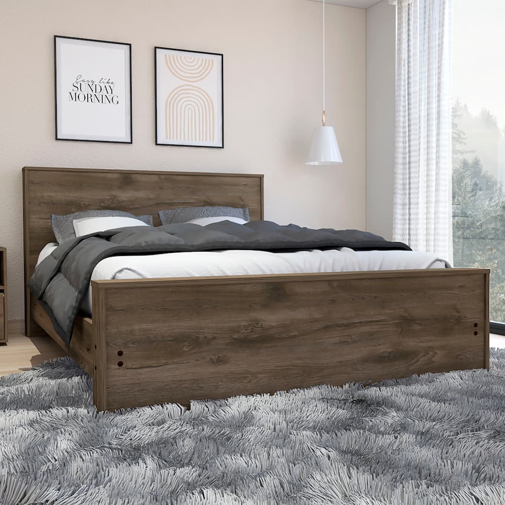 Full Size Platform Bed Base with Headboard, Dark Brown, 440lbs Weight Capacity, No Box Spring Needed