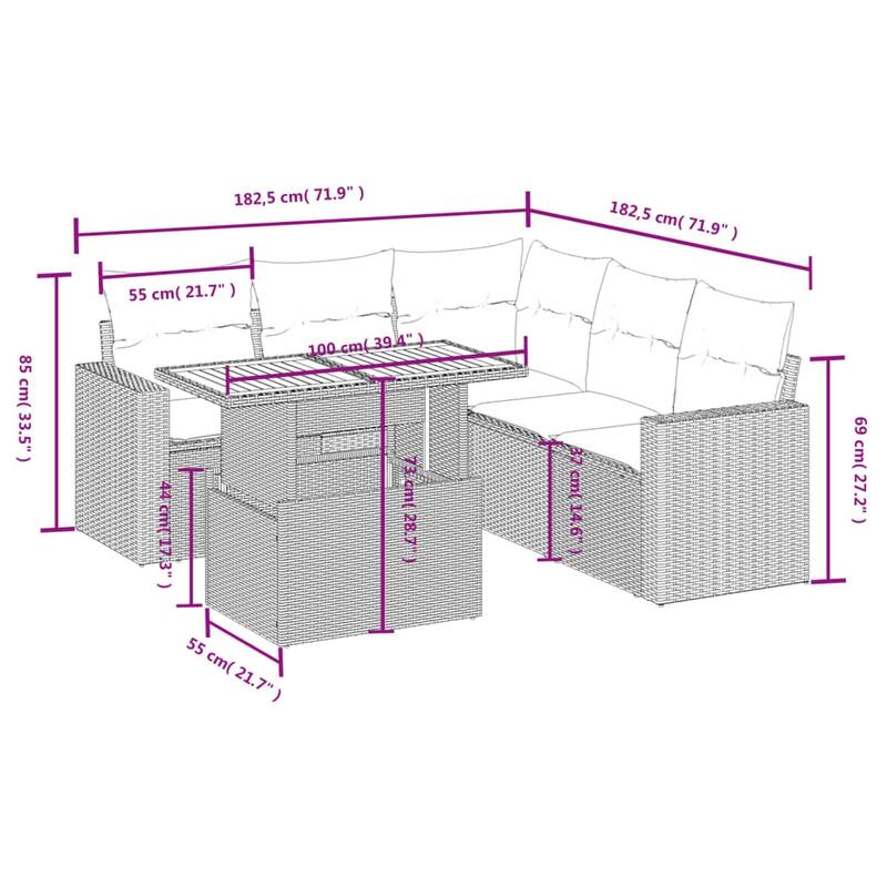 vidaXL Patio Sofa Set with Cushions Outdoor Furniture 6 Piece Poly Rattan - 24.4" x 24.4" x 27.2"