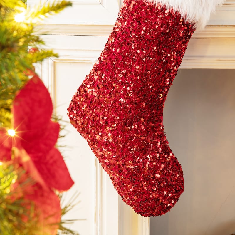 Glitzhome 21"L Red Sequin Christmas Stocking with Faux Fur Cuff