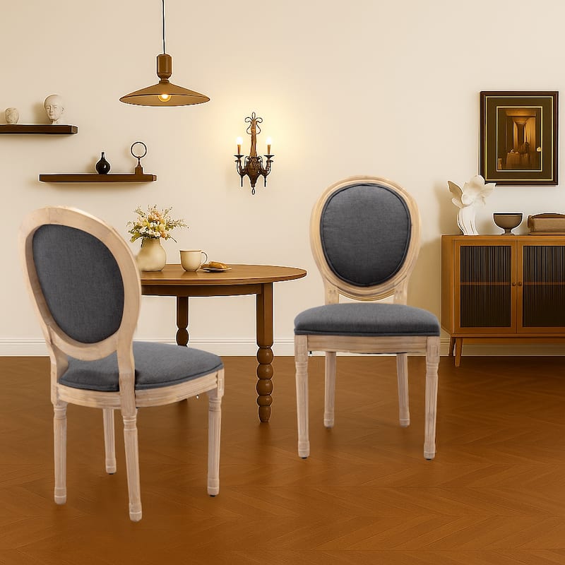 Vintage French Style Set of Two Linen Upholstered Dining Chairs with Solid Rubberwood Frame Legs - Dark Gray