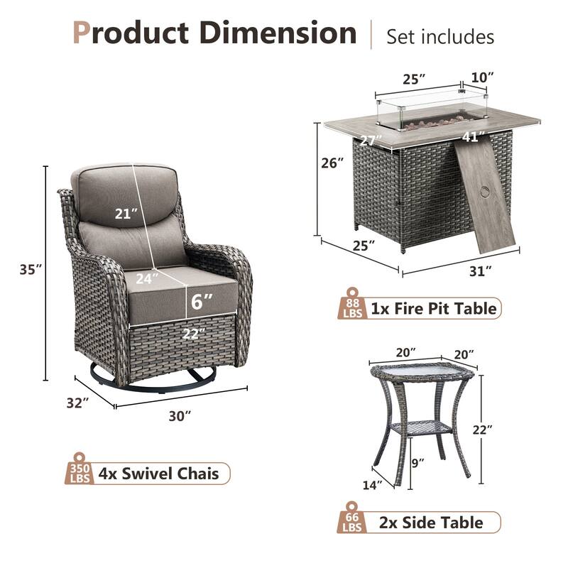 Pocassy 7 Pieces Outdoor 6 Inch Swivel Chair Table with Fire Pit Table