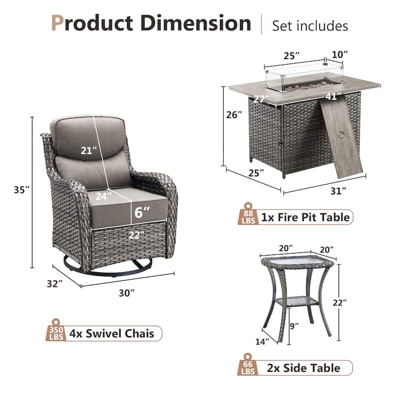 Pocassy Outdoor 6 Inch Sofa Swivel Chairs with Fire Pit Table Set
