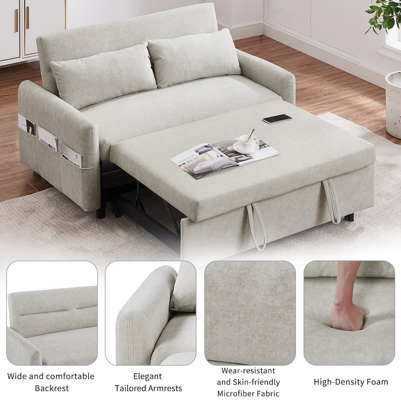 3-in-1 Pull Out Sofa Bed, Couch Bed with Adjsutable Back and Storage Pockets, 2 Seater Sofa with 2 Soft Pillows and USB Ports