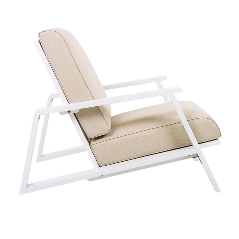 Roomfitters Outdoor Patio Lounge Chair, Acacia Wood Frame with Beige Cushions, Modern Club Chair for Garden Deck