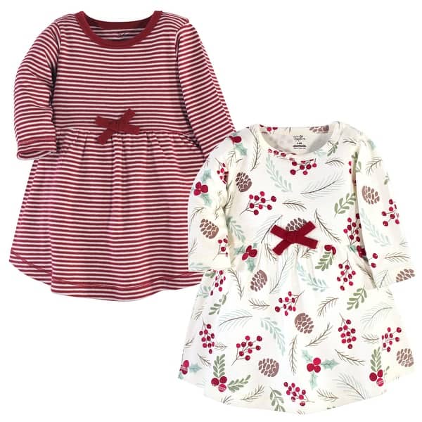 slide 2 of 2, Touched by Nature Baby and Toddler Girl Organic Cotton Long-Sleeve Dresses 2pk, Holly Berry 2T - Baby Toddler Holly Berry Long Sleeve