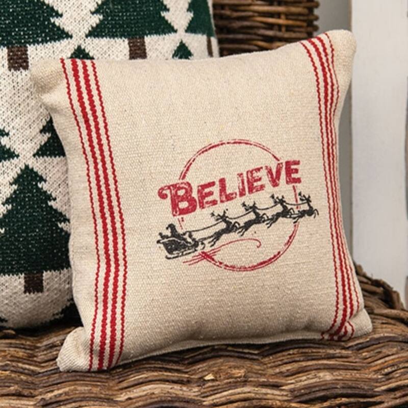 Red Off-White Cotton Holiday Pillow 10 inch Santa Sleigh Striped Decor