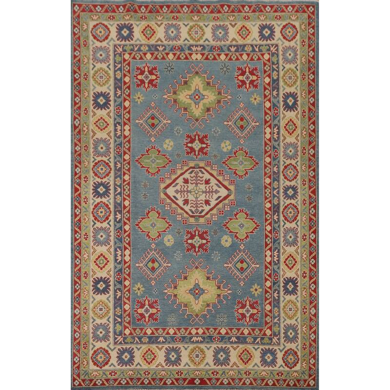 Blue Traditional / Geometric Kazak Area Rug Handmade Wool Carpet - 5'11" x 9'5"