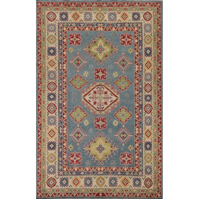 Blue Traditional / Geometric Kazak Area Rug Handmade Wool Carpet - 5'11" x 9'5"